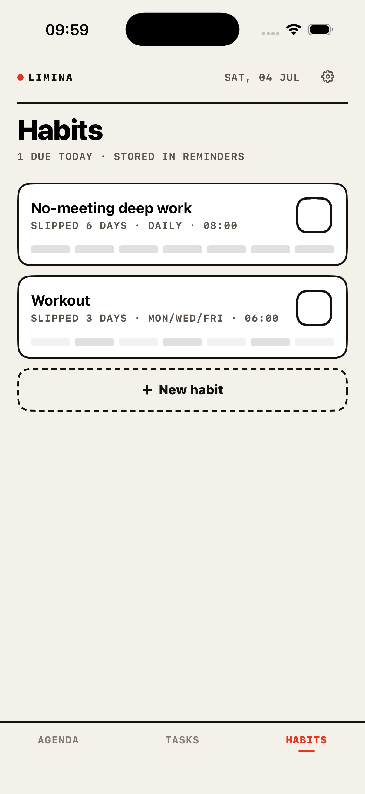Limina Habits — streaks with a week trail, nudged in the gaps your day actually has